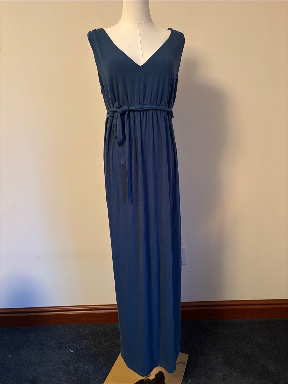 A Pea in the Pod Slate Blue V-Neck Sleeveless Maxi Dress with Tie Waist